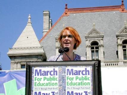 New York, New York, U.S. - United Federation of Teachers rally in New York State Capital - Albany Teachers, parents, Paraprofessionals, students and politicians call on Govenor George Patkai to sign the new Budget.Television star Cynthia Nixon Talks at School rally in albany. .5 3 03 .K30404BC. - ZUMAct2_