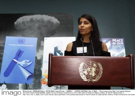 (160504) -- UNITED NATIONS, May 3, 2016 -- Third prize winner New York-based designer and artist Anjali Chandrashekar speaks during the Award Ceremony for the United Nations Poster for Peace Contest, at the UN headquarters in New York, May 3, 2016. Over 4,000 entries were submitted in the contest sponsored by the UN Office for Disarmament Affairs. Three winners and nine honorable mentions were announced. )(dh) UN-AWARD CEREMONY FOR THE UN POSTER FOR PEACE CONTEST LixMuzi 