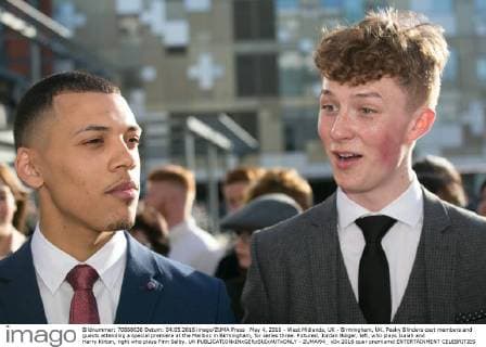 May 4, 2016 - West Midlands, UK - Birmingham, UK. Peaky Blinders cast members and guests attending a special premiere at the Mailbox in Birmingham, for series three. Pictured, Jordan Bolger, left, who plays Isaiah and Harry Kirton, right who plays Finn Selby. UK  - ZUMAl94_