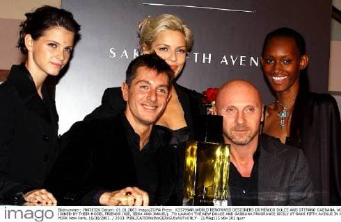 K33799AR.WORLD RENOWNED DESIGNERS DOMENICO DOLCE AND STEFANO GABBANA, WILL BE JOINED BY THEIR MODEL FRIENDS (RIE, JEISA AND JANUEL). .TO LAUNCH THE NEW DOLCE AND GABBANA FRAGRANCE SICILY AT SAKS FIFTH AVENUE IN NEW YORK New York..10 30 2003. 2003. - ZUMAg115