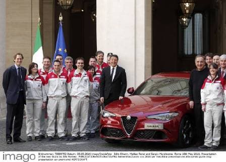 John Elkann, Matteo Renzi and Sergio Marchionne Rome 16th May 2016. Presentation of the new Giulia by Alfa Romeo. SamanthaxZucchi