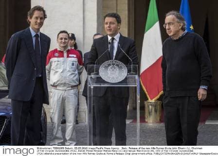 Italy: Release of the new Alfa Romeo Giulia John Elkann (L), Chairman of Fiat Chrysler Automobiles (FCA), Italian Prime Minister Matteo Renzi (C) and Sergio Marchionne (R), CEO of Fiat Chrysler Automobiles (FCA) attend a presentation of the new Alfa Romeo Giulia at Rome s Palazzo Chigi government office.  GiuseppexCiccia