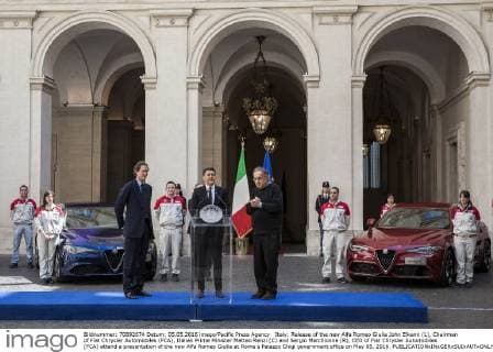 Italy: Release of the new Alfa Romeo Giulia John Elkann (L), Chairman of Fiat Chrysler Automobiles (FCA), Italian Prime Minister Matteo Renzi (C) and Sergio Marchionne (R), CEO of Fiat Chrysler Automobiles (FCA) attend a presentation of the new Alfa Romeo Giulia at Rome s Palazzo Chigi government office on May 05, 2016.  GiuseppexCiccia