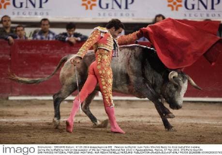 Mexican bullfighter Juan Pablo Sánchez faces his third bull of the evening during the bullfighting held on the ocassion of the San Marcos National Fair 2016 in Aguascalientes, Mexico, 07 May 2016. EFE Mario Guzmán SAN MARCOS NATIONAL FAIR 2016 !ACHTUNG: NUR REDAKTIONELLE NUTZUNG!  MEX50 20160508-635982858337652702
