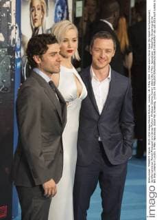 London, UK. 9 May 2016. X-Men actors Oscar Isaac (En Sabah Nur Apocalypse), Jennifer Lawrence (Raven Mystique) and James McAvoy (Professor Charles Xavier) attend the X-Men: Apocalypse - Global Fan Screening at the BFI Imax cinema in London. X-Men: Apocalypse, Global Fan Screening, London, UK 