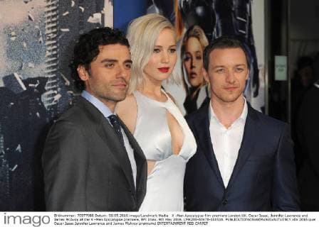 X -Men Apocalypse film premiere London.UK. Oscar Isaac, Jennifer Lawrence and James McAvoy at the X -Men Apocalypse premiere, BFI Imax. 9th May 2016. LMK200-60478-100516. 