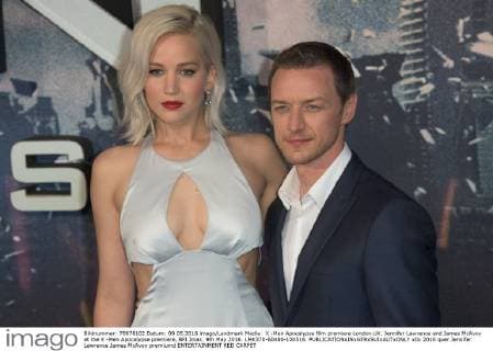 X -Men Apocalypse film premiere London.UK. Jennifer Lawrence and James McAvoy at the X -Men Apocalypse premiere, BFI Imax. 9th May 2016. LMK370-60480-100516. 