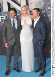 X -Men Apocalypse film premiere London.UK. Oscar Isaac, Jennifer Lawrence and James McAvoy at the X -Men Apocalypse premiere, BFI Imax. 9th May 2016. LMK370-60480-100516. 