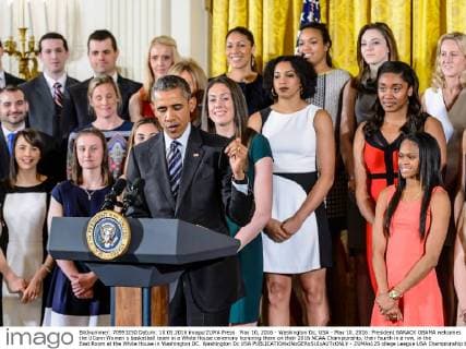 May 10, 2016 - Washington Dc, USA - May 10, 2016: President BARACK OBAMA welcomes the UConn Women s basketball team in a White House ceremony honoring them on their 2016 NCAA Championship, their fourth in a row, in the East Room at the White House in Washington DC. Washington Dc USA - ZUMAs125