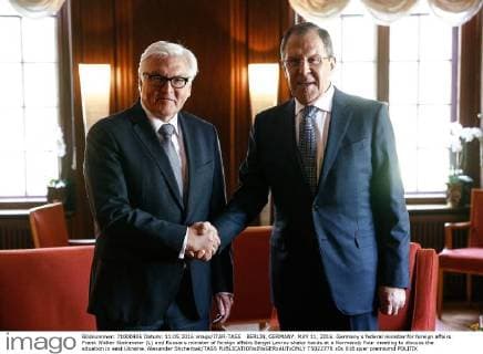 BERLIN, GERMANY. MAY 11, 2016. Germany s federal minister for foreign affairs Frank Walter Steinmeier (L) and Russia s minister of foreign affairs Sergei Lavrov shake hands at a Normandy Four meeting to discuss the situation in east Ukraine. Alexander Shcherbak TASS  TS022778