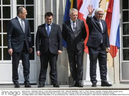 BERLIN, GERMANY. MAY 11, 2016. Russia s minister of foreign affairs Sergei Lavrov, Ukraine s minister of foreign affairs Pavel Klimkin, France s minister of foreign affairs Jean-Marc Ayrault, and Germany s federal minister for foreign affairs Frank Walter Steinmeier (L-R) at a Normandy Four meeting to discuss the situation in east Ukraine. Alexander Shcherbak TASS  TS022785