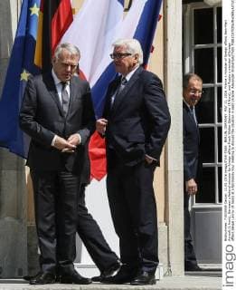 BERLIN, GERMANY. MAY 11, 2016. France s minister of foreign affairs Jean-Marc Ayrault (L front), Germany s federal minister for foreign affairs Frank Walter Steinmeier (R front), and Russia s minister of foreign affairs Sergei Lavrov (R back) at a Normandy Four meeting to discuss the situation in east Ukraine. Alexander Shcherbak TASS  TS0227B4