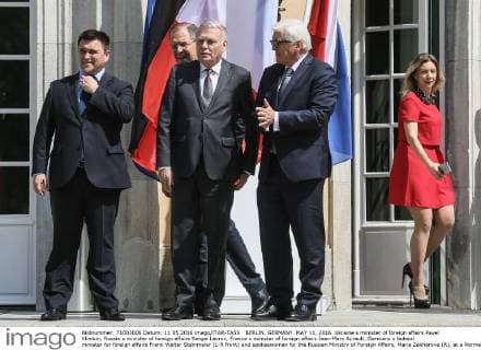 BERLIN, GERMANY. MAY 11, 2016. Ukraine s minister of foreign affairs Pavel Klimkin, Russia s minister of foreign affairs Sergei Lavrov, France s minister of foreign affairs Jean-Marc Ayrault, Germany s federal minister for foreign affairs Frank Walter Steinmeier (L-R front) and spokeswoman for the Russian Ministry of Foreign Affairs, Maria Zakharova (R), at a Normandy Four meeting to discuss the situation in east Ukraine. Alexander Shcherbak TASS  TS0227B5
