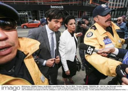 May 11, 2016 - Toronto, Canada - TORONTO, ON - MAY 11 - Jian Ghomeshi and his lawyer Marie Henein arrive at Old City Hall court. A charge of sexual assault against Ghomeshi was withdrawn this morning after the former CBC broadcaster apologized to a former colleague in court and signed a peace bond. May 11, 2016. Toronto Canada  - ZUMAt14_