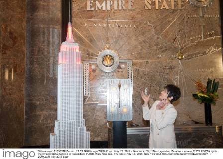 May 12, 2016 - New York, NY, USA - Legendary Broadway actress CHITA RIVERA lights the Empire State Building in recognition of AIDS Walk New York, Thursday, May 12, 2016. New York USA - ZUMAb148