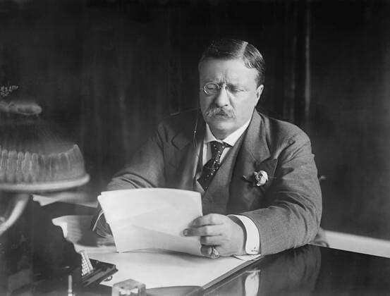 USWahl2024, die großen Präsidenten, Theodore Roosevelt January 28, 2016 - U.S. President Theodore Roosevelt at Desk, Washington DC, USA, circa 1906 - ZUMAg145