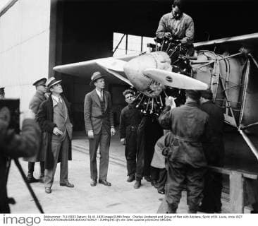 Charles Lindbergh and Group of Men with Airplane, Spirit of St. Louis, circa 1927 - ZUMAg145