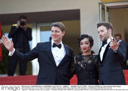 (160516) -- CANNES, May 16, 2016 -- Director Jeff Nichols, cast members Ruth Negga and Joel Edgerton(L to R) pose on the red carpet as they arrive for the screening of film Loving in competition at the 69th Cannes Film Festival in Cannes, France, May 16, 2016. ) FRANCE-CANNES-FILM FESTIVAL-LOVING-RED CARPET JinxYu 