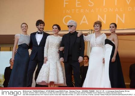 Cannes, France - CANNES, FRANCE - MAY 17: (R - L) Actresses Inma Cuesta, Emma Suarez, Director Pedro Almodova, actress Adriana Ugarte, actor Daniel Grao and actress Michelle Jenner attend the Julieta premiere during the 69th annual Cannes Film Festival at the Palais des Festivals on May 17, 2016 in Cannes, France. Cannes France - ZUMAi09_