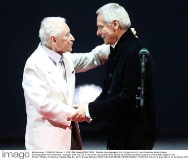 Russian choreographer Yury Grigorovich (L) and American ballet dancer, choreographer John Neumeier, awarded with the Life in Art prize, during the 2016 Benois de la Danse awards ceremony on the New Stage of the Bolshoi Theatre in Moscow, Russia, May 17, 2016. Sergei Bobylev TASS  TS0237C4