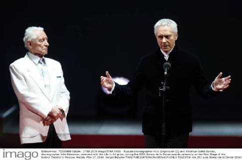 Russian choreographer Yury Grigorovich (L) and American ballet dancer, choreographer John Neumeier, awarded with the Life in Art prize, during the 2016 Benois de la Danse awards ceremony on the New Stage of the Bolshoi Theatre in Moscow, Russia, May 17, 2016. Sergei Bobylev TASS  TS0237C6