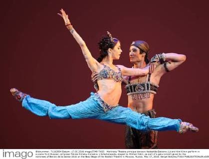 Mariinsky Theatre principal dancers Nadezhda Batoeva (L) and Kim Kimin perform in a scene from Russian composer Nikolai Rimsky-Korsakov s Scheherazade, staged by Mikhail Fokin, as part of a gala concert given by the nominees of Benois de la Danse-2016 on the New Stage of the Bolshoi Theatre in Moscow, Russia, May 17, 2016. Sergei Bobylev TASS  TS023805