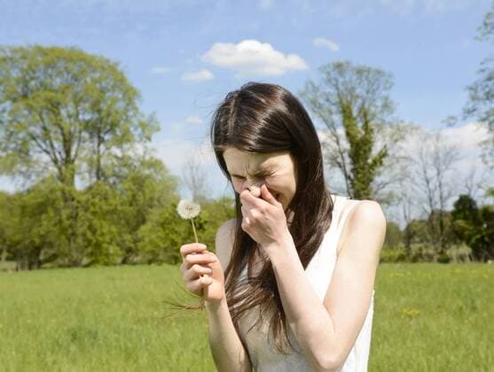 junge frau niest auf einer blumenwiese young woman sneezes on a flower meadow MODEL RELEASED