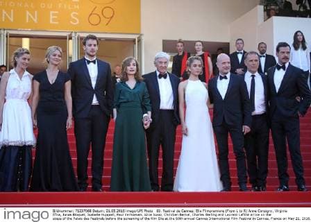 69. Festival de Cannes: Elle Filmpremiere (From L to R) Anne Consigny, Virginie Efira, Jonas Bloquet, Isabelle Huppert, Paul Verhoeven, Alice Isaaz, Christian Berkel, Charles Berling and Laurent Lafitte arrive on the steps of the Palais des Festivals before the screening of the film Elle at the 69th annual Cannes International Film Festival in Cannes, France on May 21, 2016.  CAN20160521807 DAVIDxSILPA