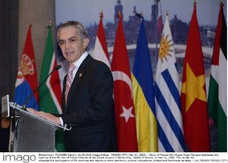 MEXICO CITY, May 21, 2016 -- Mayor of Mexico City Miguel Angel Mancera addresses the opening of the 8th Fair of Friend Cultures at the Zocalo Square in Mexico City, capital of Mexico, on May 21, 2016. The 16-day fair attracted the participation of 94 countries and regions to show gaonomic, cultural, educational, artistic and handmade samples. ) (jp) MEXICO-MEXICO CITY-FAIR OF FRIEND CULTURES STR 