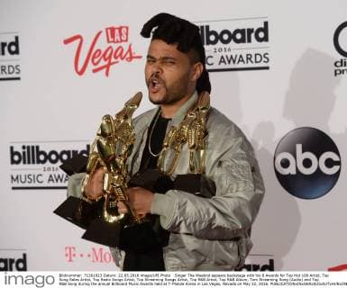 Singer The Weeknd appears backstage with his 8 Awards for Top Hot 100 Artist, Top Song Sales Artist, Top Radio Songs Artist, Top Streaming Songs Artist, Top R&B Artist, Top R&B Album, Tom Streaming Song (Audio) and Top R&B Song during the annual Billboard Music Awards held at T-Mobile Arena in Las Vegas, Nevada on May 22, 2016.  LAV20160522169 JIMxRUYMEN