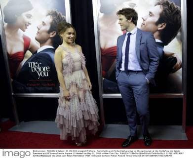 Sam Claflin and Emilia Clarke arrive on the red carpet at the Me Before You World Premiere at AMC Loews Lincoln Square 13 theater on May 23, 2016 in New York City.  NYP20160523107 JOHNxANGELILLO