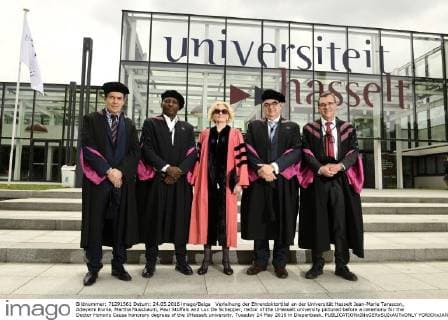 Verleihung der Ehrendoktortitel an der Universität Hasselt Jean-Marie Tarascon, Adeyemi Kunle, Martha Nussbaum, Paul Stoffels and Luc De Schepper, rector of the UHasselt university pictured before a ceremony for the Doctor Honoris Causa honorary degrees of the UHasselt university, Tuesday 24 May 2016 in Diepenbeek.  YORICKxJANSENS 04857114
