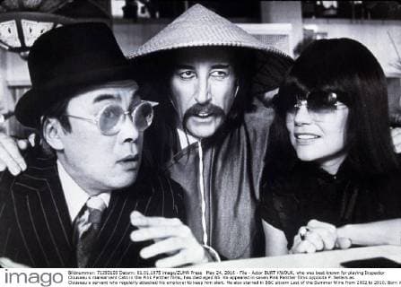 May 24, 2016 - File - Actor BURT KWOUK, who was best known for playing Inspector Clouseau s manservant Cato in the Pink Panther films, has died aged 85. He appeared in seven Pink Panther films opposite P. Sellers as Clouseau s servant who regularly attacked his employer to keep him alert. He also starred in BBC sitcom Last of the Summer Wine from 2002 to 2010. Born in Manchester but raised in Shanghai, the actor was awarded an OBE in the 2011 New Year Honour List. Pictured: 1978, Film Title: REVENGE OF THE PINK PANTHER, Director: BLAKE EDWARDS, Studio: UA, Pictured: DYAN CANNON, BLAKE EDWARDS, BURT KWOUK, PINK PANTHER FILMS. ) Hollywood USA - ZUMAs87_