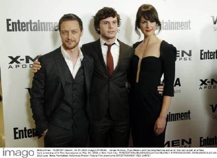 James McAvoy, Evan Peters and Carolina Bartcza arrive on the red carpet at a New York screening of X-Men Apocalypse on May 24, 2016 in New York City.  NYP20160524101 JOHNxANGELILLO