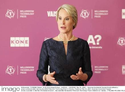 (160524) -- HELSINKI, May 24, 2016 -- American biochemist Frances Arnold attends a press conference after winning the 2016 Millennium Technology Prize in Helsinki, Finland on May 24, 2016. American biochemist Frances Arnold, a pioneer in the field of directed evolution , was awarded the seventh Millennium Technology Prize in Helsinki on Tuesday. ) FINLAND-HELSINKI-MILLENNIUM PRIZE-AWARD ZhangxXuan 