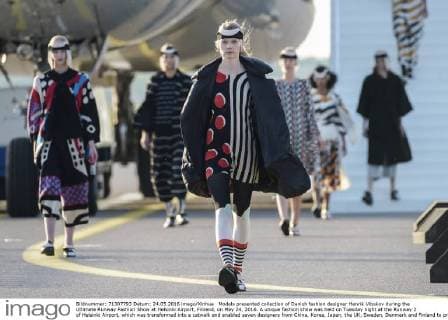 Models presented collection of Danish fashion designer Henrik Vibskov during the Ultimate Runway Fashion Show at Helsinki Airport, Finland, on May 24, 2016. A unique fashion show was held on Tuesday night at the Runway 2 of Helsinki Airport, which was transformed into a catwalk and enabled seven designers from China, Korea, Japan, the UK, Sweden, Denmark and Finland to present their collections. ) FINLAND-HELSINKI-AIRPORT FASHION SHOW SergeixStepanov 