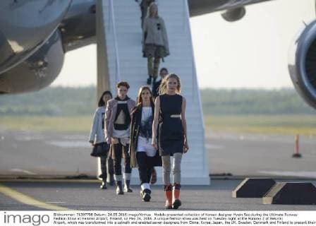 Models presented collection of Korean designer Hyein Seo during the Ultimate Runway Fashion Show at Helsinki Airport, Finland, on May 24, 2016. A unique fashion show was held on Tuesday night at the Runway 2 of Helsinki Airport, which was transformed into a catwalk and enabled seven designers from China, Korea, Japan, the UK, Sweden, Denmark and Finland to present their collections. ) FINLAND-HELSINKI-AIRPORT FASHION SHOW SergeixStepanov 
