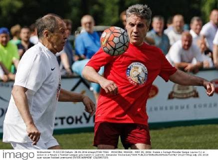 MOSCOW, RUSSIA - MAY 28, 2016: Russia s Foreign Minister Sergei Lavrov (L) in action in a People s Football League gala match in Luzhniki. Alexander Shcherbak TASS  24127745sp