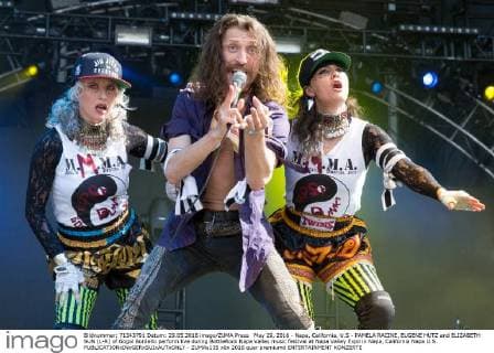May 29, 2016 - Napa, California, U.S - PAMELA RACINE, EUGENE HUTZ and ELIZABETH SUN (L-R) of Gogol Bordello perform live during BottleRock Napa Valley music festival at Napa Valley Expo in Napa, California Napa U.S. - ZUMAs135