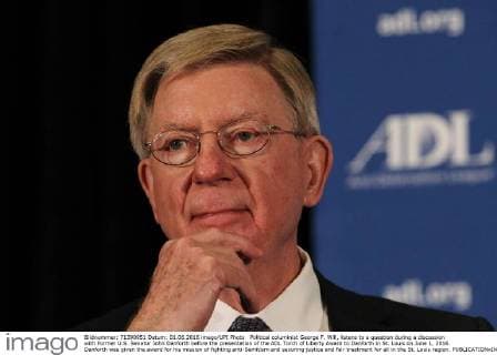 Political columinist George F. Will, listens to a question during a discussion with Former U.S. Senator John Danforth before the presentation of the ADL Torch of Liberty Award to Danforth in St. Louis on June 1, 2016. Danforth was given the award for his mission of fighting anti-Semitism and securing justice and fair treatment for all in the St. Louis region.  SLP2016060104 BILLxGREENBLATT