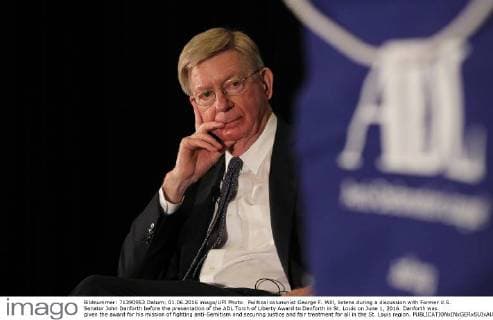 Political columinist George F. Will, listens during a discussion with Former U.S. Senator John Danforth before the presentation of the ADL Torch of Liberty Award to Danforth in St. Louis on June 1, 2016. Danforth was given the award for his mission of fighting anti-Semitism and securing justice and fair treatment for all in the St. Louis region.  SLP2016060107 BILLxGREENBLATT