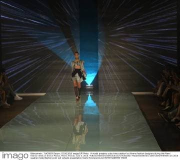 A model presents a day time creation by Alvarno fashion designers during the Miami Fashion Week at the Ice Palace, Miami, Florida, June 3, 2016.  MIA20160603401 GARYxIxROTHSTEIN
