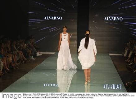 A model presents a day time creation by Alvarno fashion designers during the Miami Fashion Week at the Ice Palace, Miami, Florida, June 3, 2016.  MIA20160603413 GARYxIxROTHSTEIN