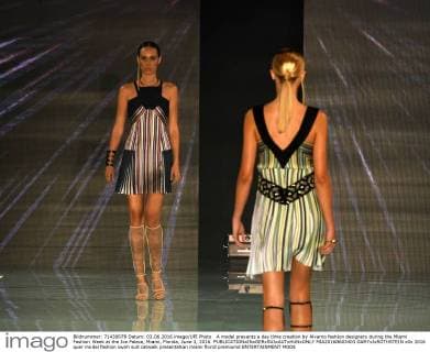 A model presents a day time creation by Alvarno fashion designers during the Miami Fashion Week at the Ice Palace, Miami, Florida, June 3, 2016.  MIA20160603403 GARYxIxROTHSTEIN