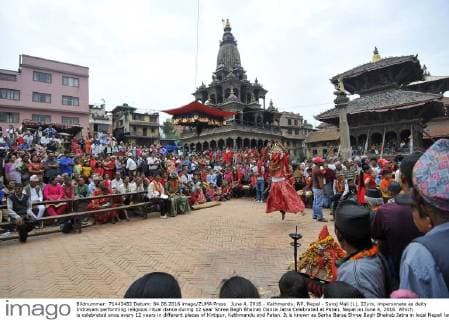 June 4, 2016 - Kathmandu, NP, Nepal - Saroj Mali (L), 22yrs, impersonate as deity Indrayani performing religious ritual dance during 12 year Shree Bagh Bhairab Dance Jatra Celebrated at Patan, Nepal on June 4, 2016. Which is celebrated once every 12 years in different places of Kirtipur, Kathmandu and Patan. It is known as Barha Barse Shree Bagh Bhairab Jatra in local Nepali language. Kathmandu Nepal  - ZUMAn230