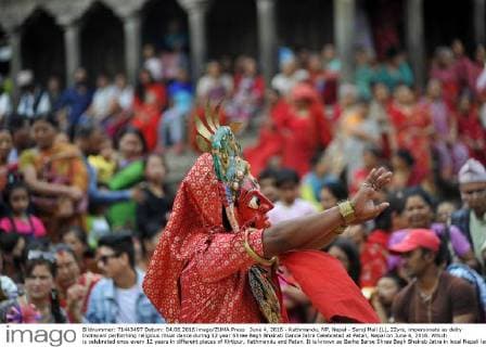 June 4, 2016 - Kathmandu, NP, Nepal - Saroj Mali (L), 22yrs, impersonate as deity Indrayani performing religious ritual dance during 12 year Shree Bagh Bhairab Dance Jatra Celebrated at Patan, Nepal on June 4, 2016. Which is celebrated once every 12 years in different places of Kirtipur, Kathmandu and Patan. It is known as Barha Barse Shree Bagh Bhairab Jatra in local Nepali language. Kathmandu Nepal  - ZUMAn230