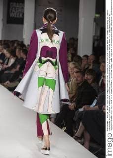 London, UK. 5 June 2016. A model walks the runway showcasing the fashion collection by Nicholas Edward Stanley from the University of the Arts in Norwich during Graduate Fashion Week 2016. GFW takes place at the Old Truman Brewery from 5 to 8 June 2016. Norwich University, Graduate Fashion Week 2016 