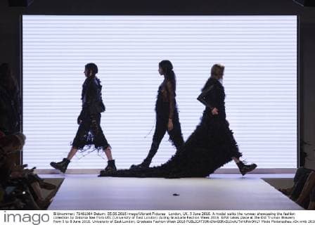 London, UK. 5 June 2016. A model walks the runway showcasing the fashion collection by Antonia Nae from UEL (University of East London) during Graduate Fashion Week 2016. GFW takes place at the Old Truman Brewery from 5 to 8 June 2016. University of East London, Graduate Fashion Week 2016 