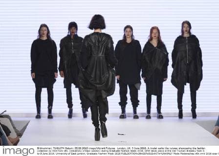 London, UK. 5 June 2016. A model walks the runway showcasing the fashion collection by XXX from UEL (University of East London) during Graduate Fashion Week 2016. GFW takes place at the Old Truman Brewery from 5 to 8 June 2016. University of East London, Graduate Fashion Week 2016 