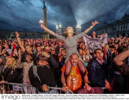 Music for Freedom Festival in St. Petersburg ST PETERSBURG, RUSSIA - JUNE 5, 2016: People at the Our People in the City, Music of Freedom rock festival in St Petersburg s Palace Square. The event marks the 35th birthday of the rock group Leningrad and the 15th birthday of the Nashe Radio St Petersburg radio station. Sergei Konkov TASS  TS025999